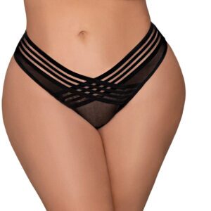 Black Panties Mesh Thong with Shadow Stripe Elastic Front Detail Black 3XL by Dreamgirl