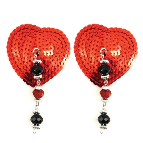 Feel sexy wearing sexy nipple covers  Heart Red Sequin w Facet Beads! Wearing Heart Red Sequin w Facet Beads nipples covers by Bijoux de Nip can be fun and sexy!