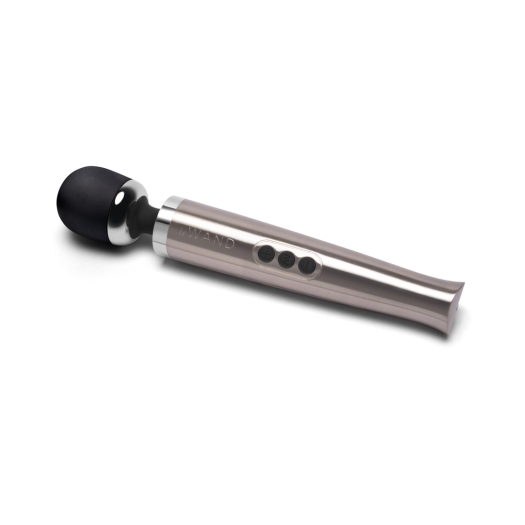 Angled view of the Silver Le Wand vibrator designed for intimate use