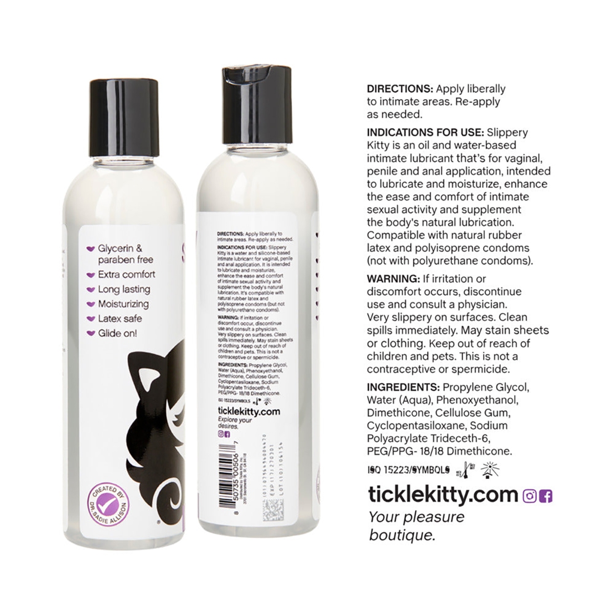 Soft-focus bottle shot of  Water Based Lube Tickle Kitty emphasizing easy-clean formula