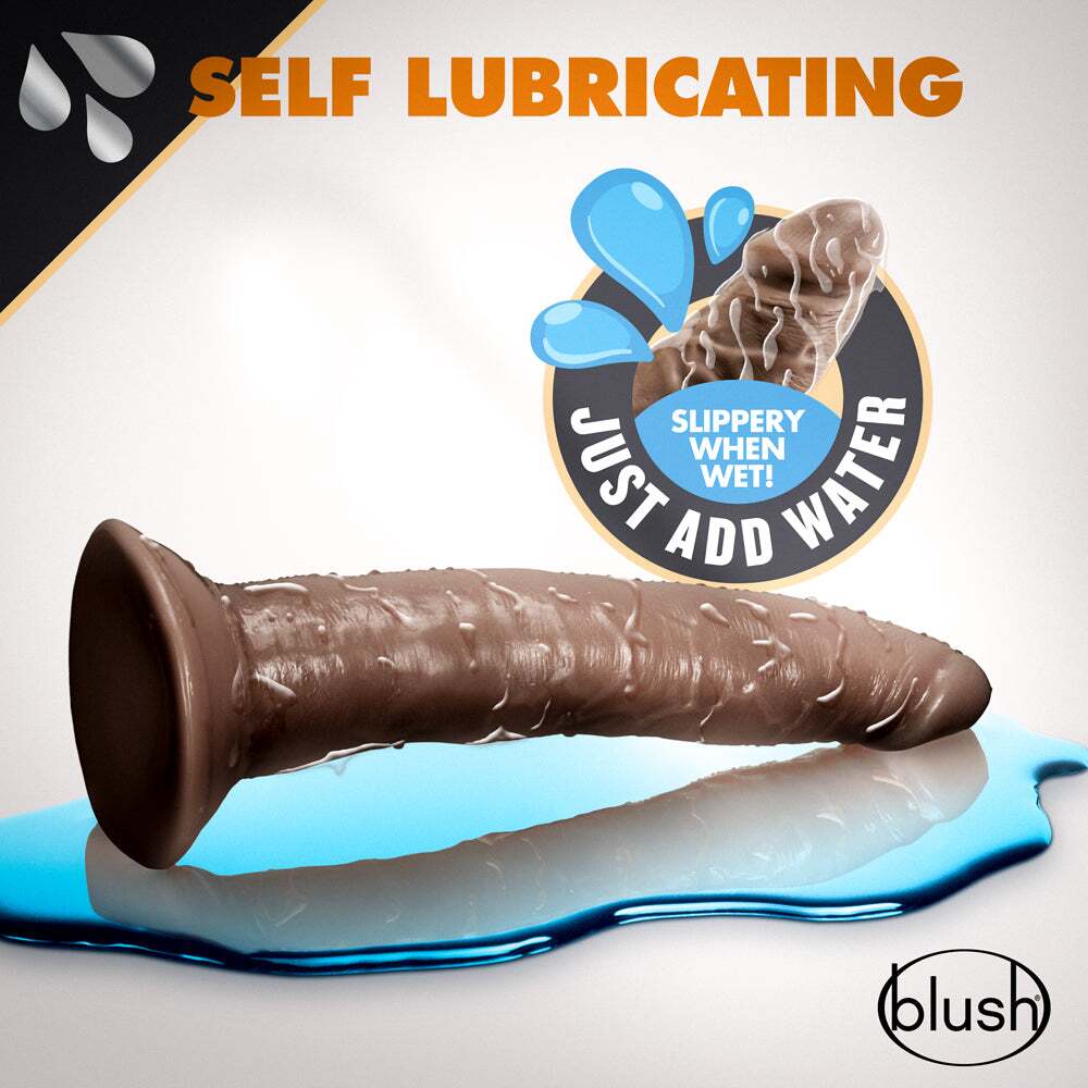 7.5 inch Dildo by Blush in Brown Chocolate Cocoa displayed for pegging Him or Her